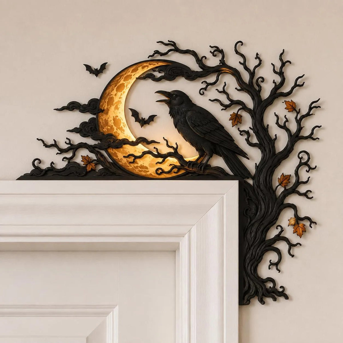🐦‍⬛🌕 Midnight Raven Doorway Accent – Gothic Harvest Moon Corner Decor