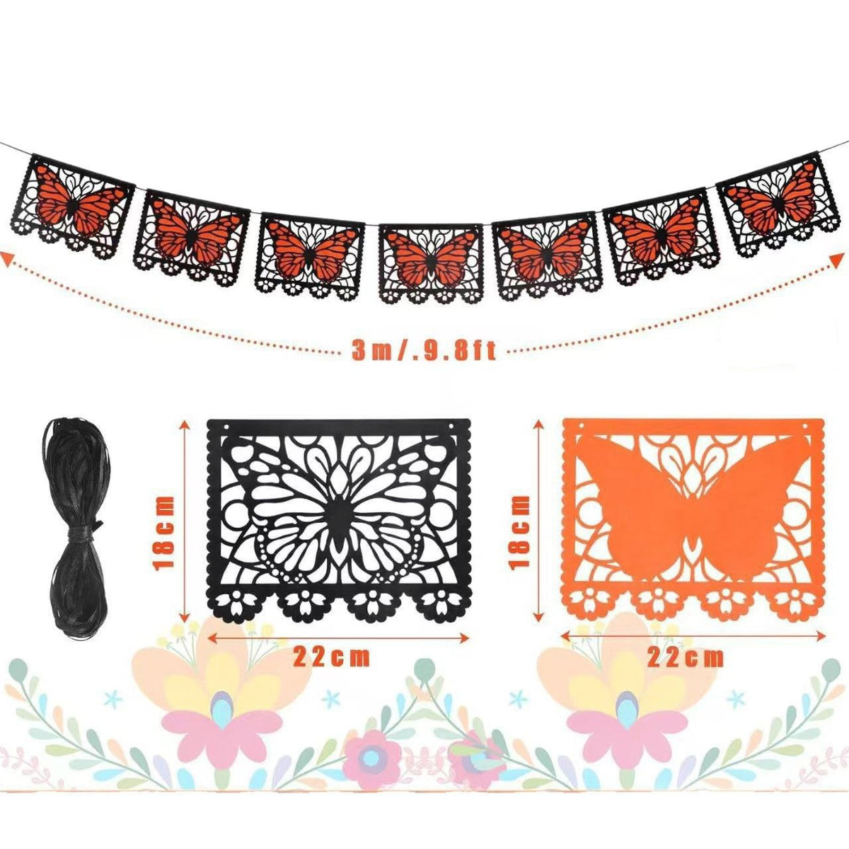 🔥LAST DAY 50% OFF - 🦋 Monarch Butterfly Día de los Muertos Banner | 9.8FT Black & Orange Papel Picado-Style Garland 🌺