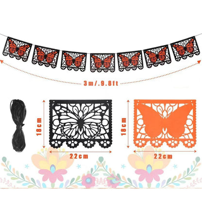 🔥LAST DAY 50% OFF - 🦋 Monarch Butterfly Día de los Muertos Banner | 9.8FT Black & Orange Papel Picado-Style Garland 🌺