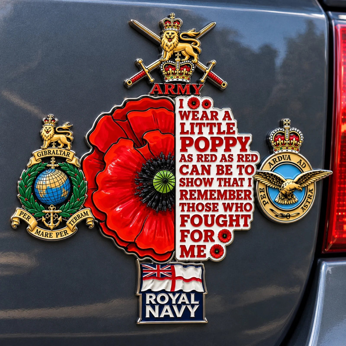 🌺 British Armed Forces “Lest We Forget” Remembrance Poppy Tribute Metal Car Emblem | 7–8-Inch 3D Metal Design with Raised Military-Inspired Details & Heavy-Duty Adhesive Backing 🇬🇧