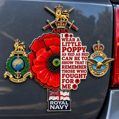 🌺 British Armed Forces “Lest We Forget” Remembrance Poppy Tribute Metal Car Emblem | 7–8-Inch 3D Metal Design with Raised Military-Inspired Details & Heavy-Duty Adhesive Backing 🇬🇧