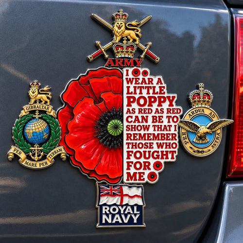 🌺 British Armed Forces “Lest We Forget” Remembrance Poppy Tribute Metal Car Emblem | 7–8-Inch 3D Metal Design with Raised Military-Inspired Details & Heavy-Duty Adhesive Backing 🇬🇧