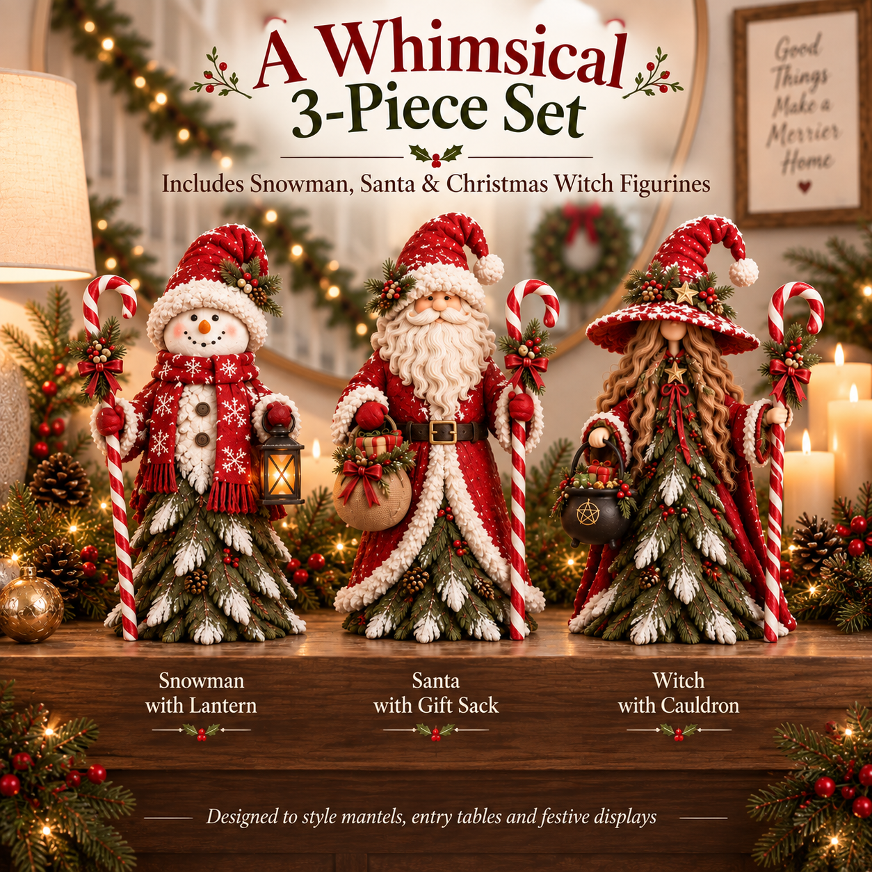 🎄 Christmas Enchanted Trio – Santa, Snowman & Holiday Witch Figurine Set