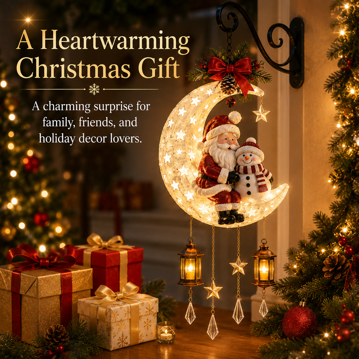 🎄 Lighted Santa &amp; Snowman Crescent Moon Christmas Hanging Decor