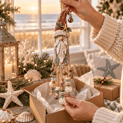 🔔🎄Vintage Coastal Santa Lighted Wall Decor – Beach House Christmas Hanging with Starfish, Shells & Warm Glow🌙