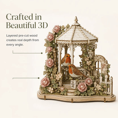 🐦3D Pearl & Diamond Art DIY Kit｜Vintage English Garden Gazebo Wooden Craft Kit