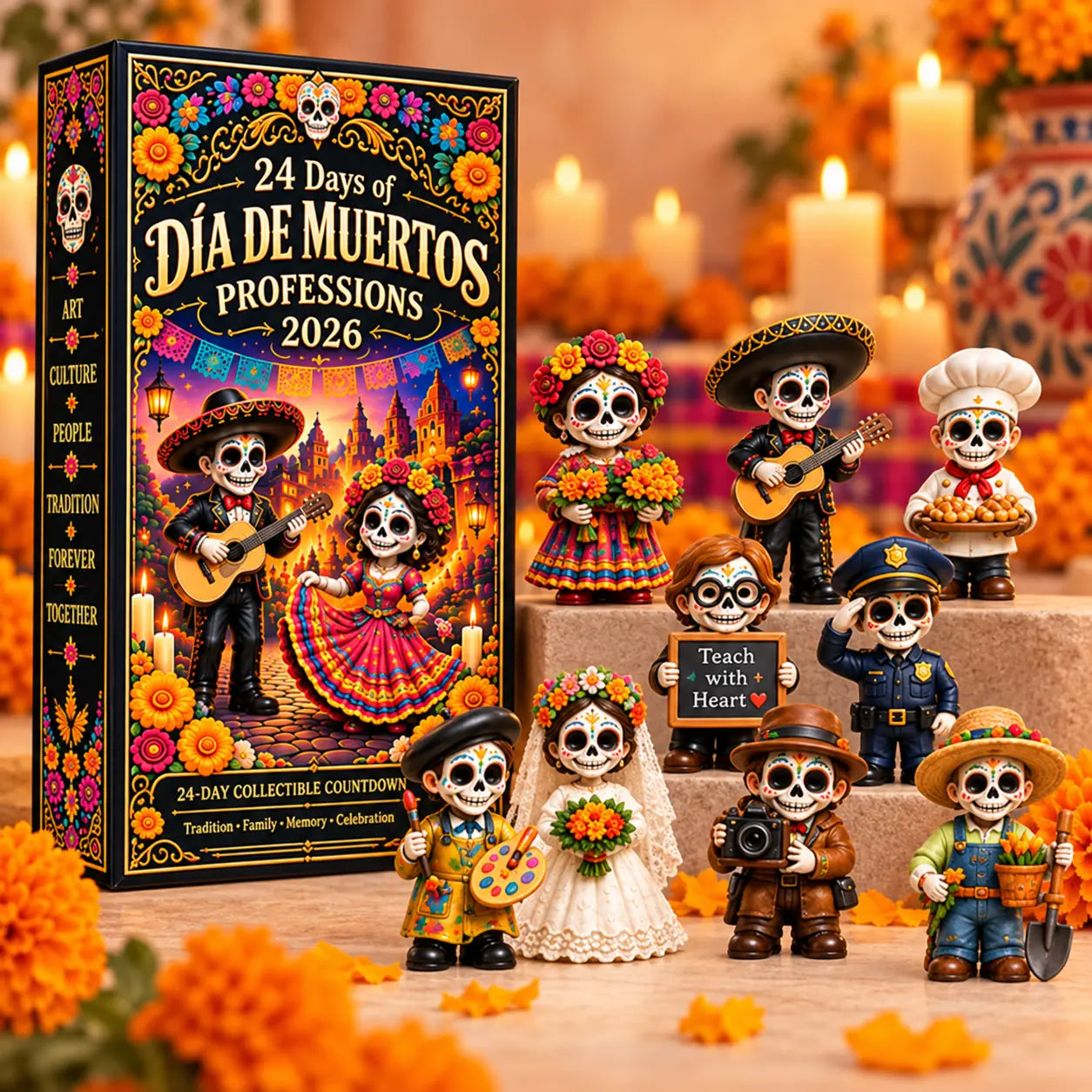 Día de Muertos Professions 2026 countdown box with collectible figures