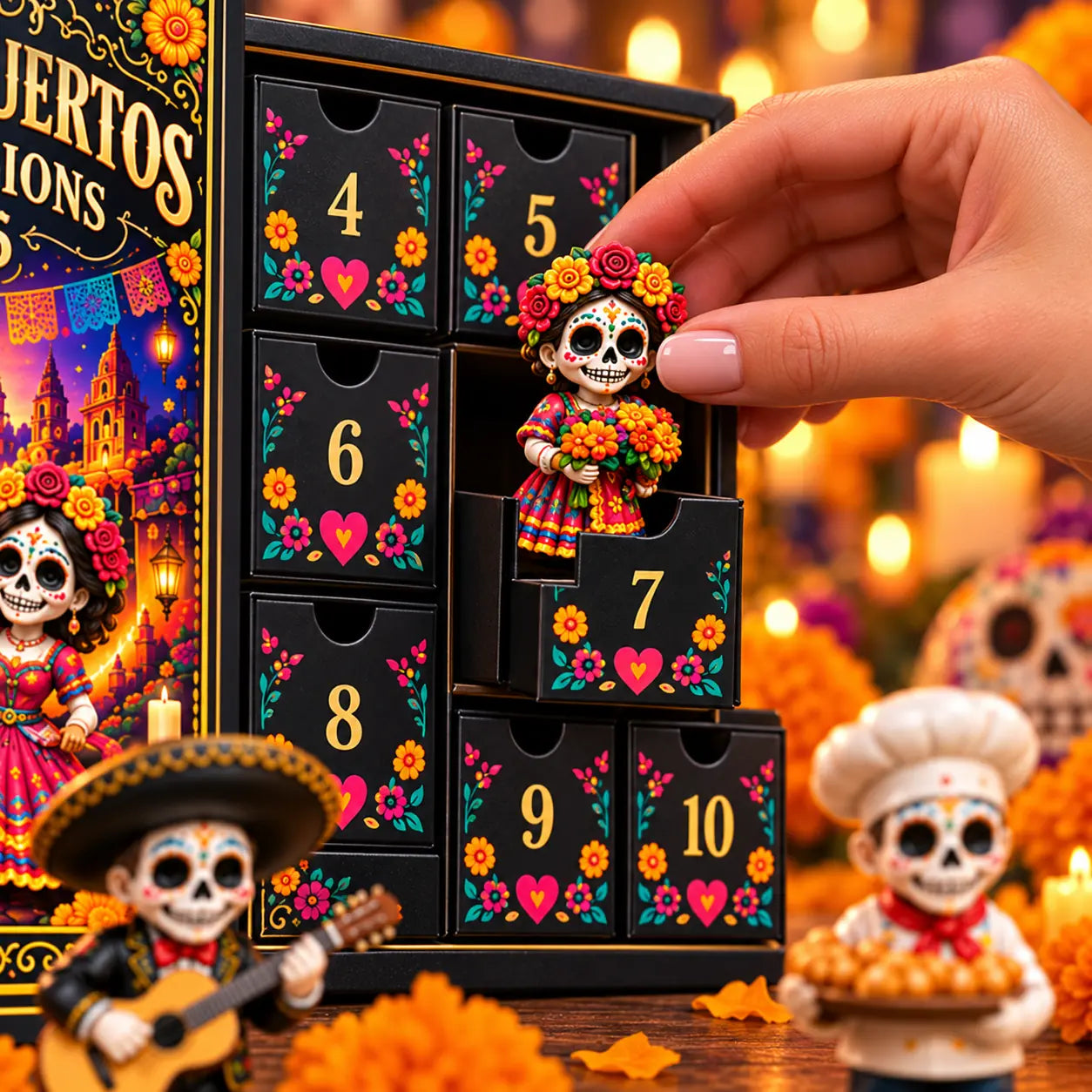 Close-up of a floral Día de Muertos figure being removed from a drawer