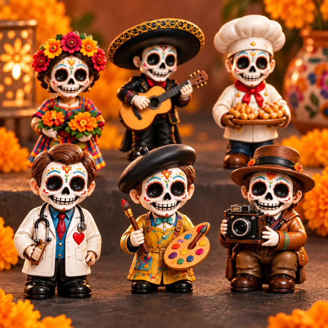 Detailed Día de Muertos profession figures arranged with marigolds