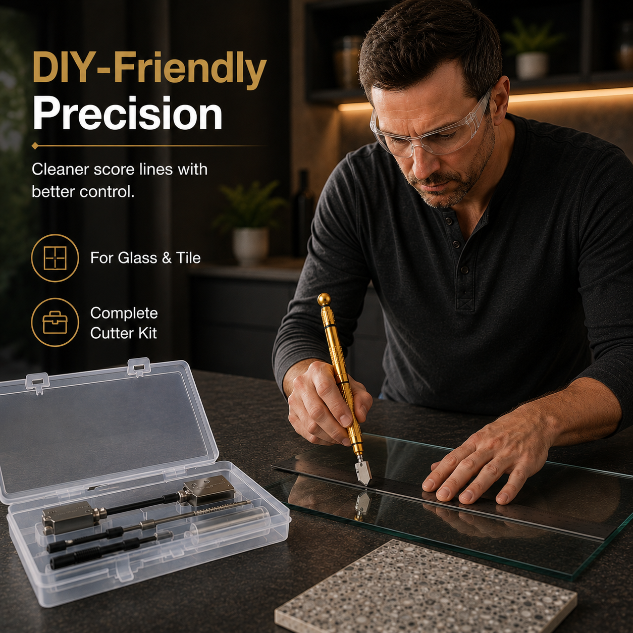 DIY friendly glass scoring tool in use