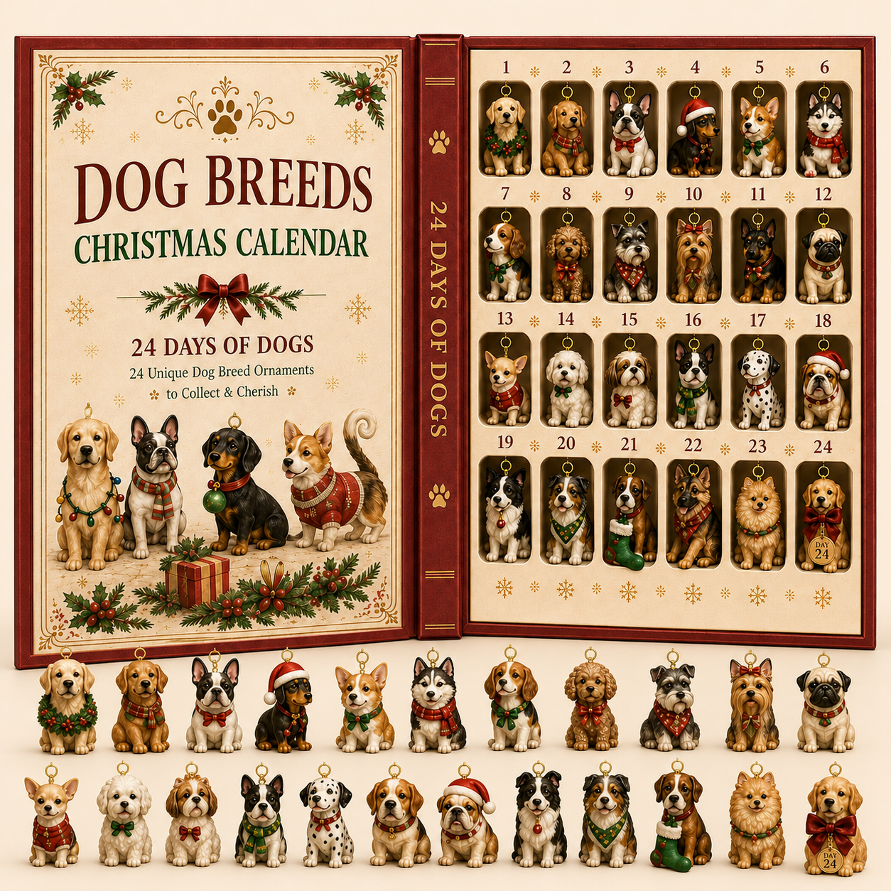 All 24 dog ornaments shown with the calendar