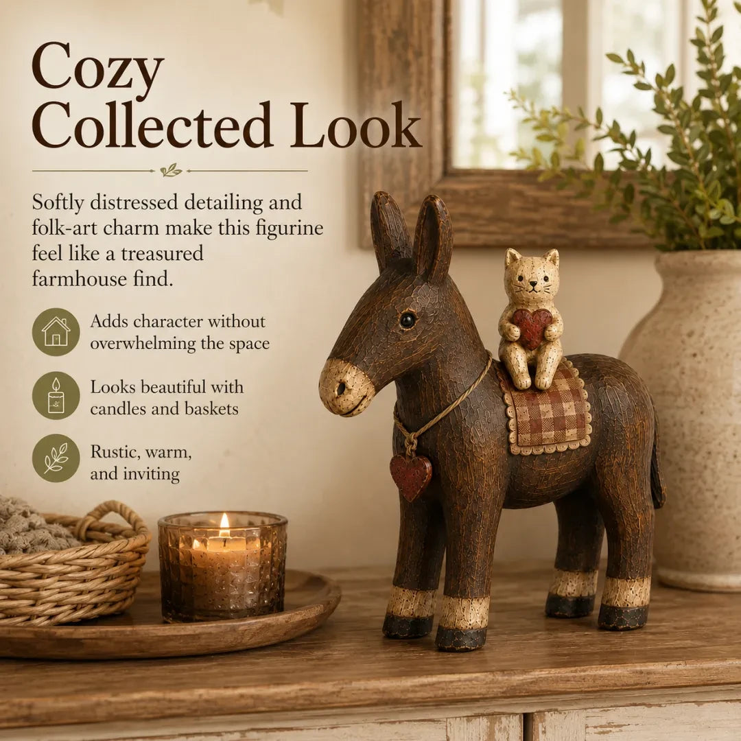 Rustic Donkey and Cat Friendship Figurine with a cozy collected farmhouse look
