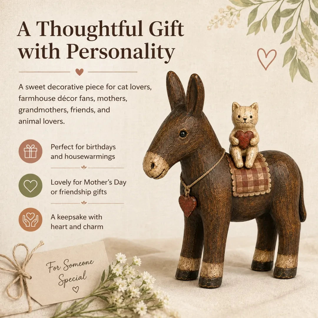 Rustic Donkey and Cat Friendship Figurine shown as a thoughtful farmhouse gift
