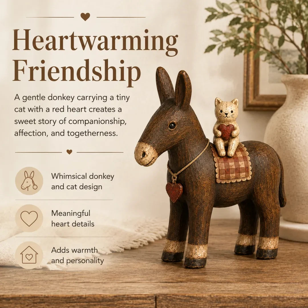 Rustic Donkey and Cat Friendship Figurine with cat holding a red heart