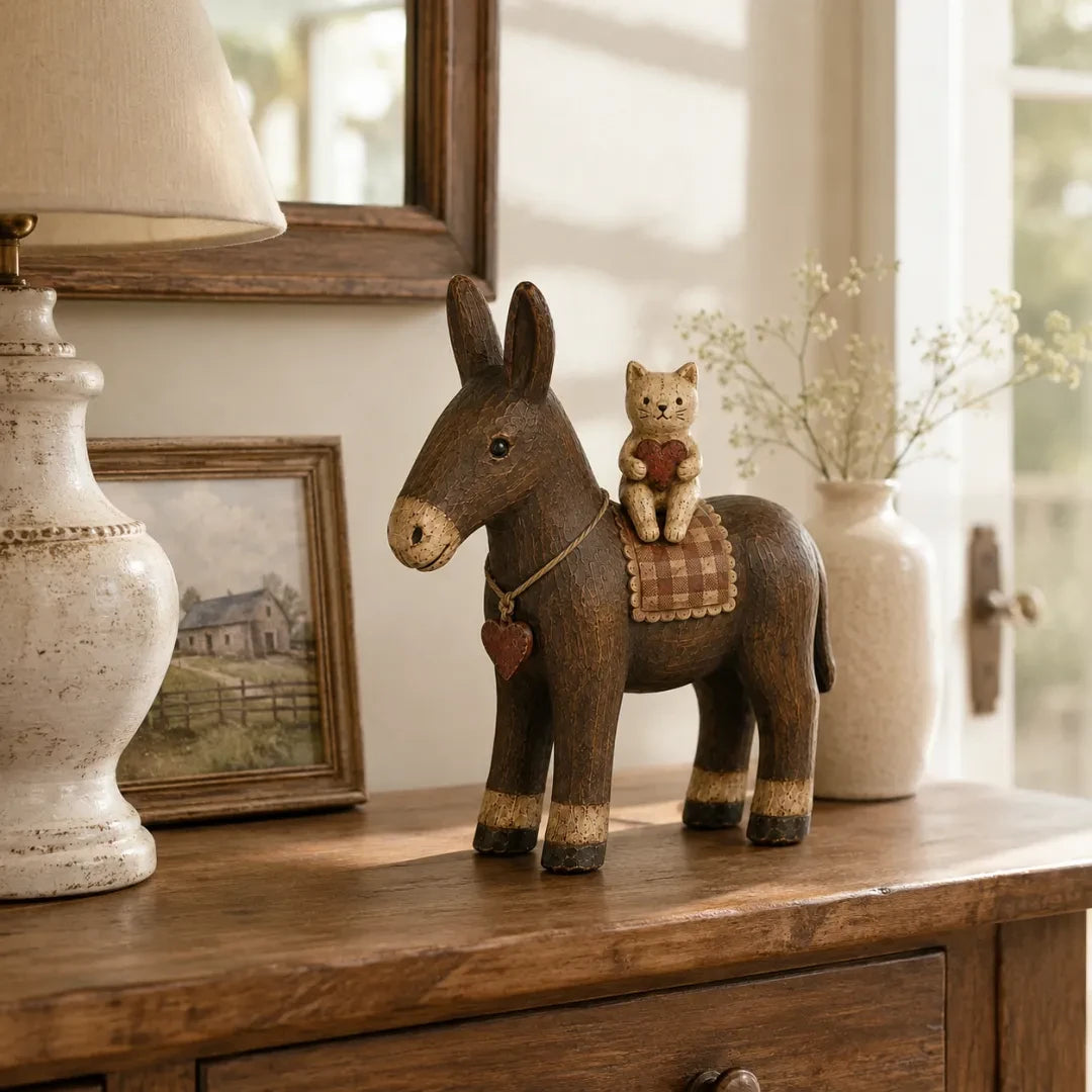 Customer-style image of the donkey and cat friendship figurine displayed on a dresser
