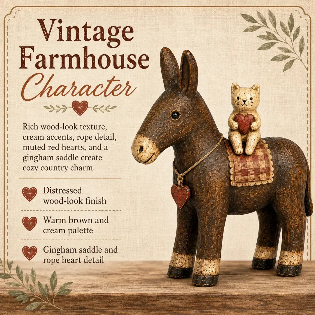Rustic Donkey and Cat Friendship Figurine showing vintage farmhouse character and detailed finish