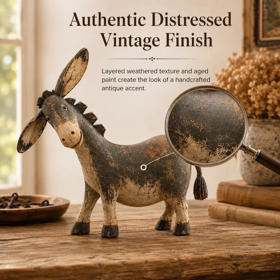 Close-up of the donkey figurine distressed vintage finish