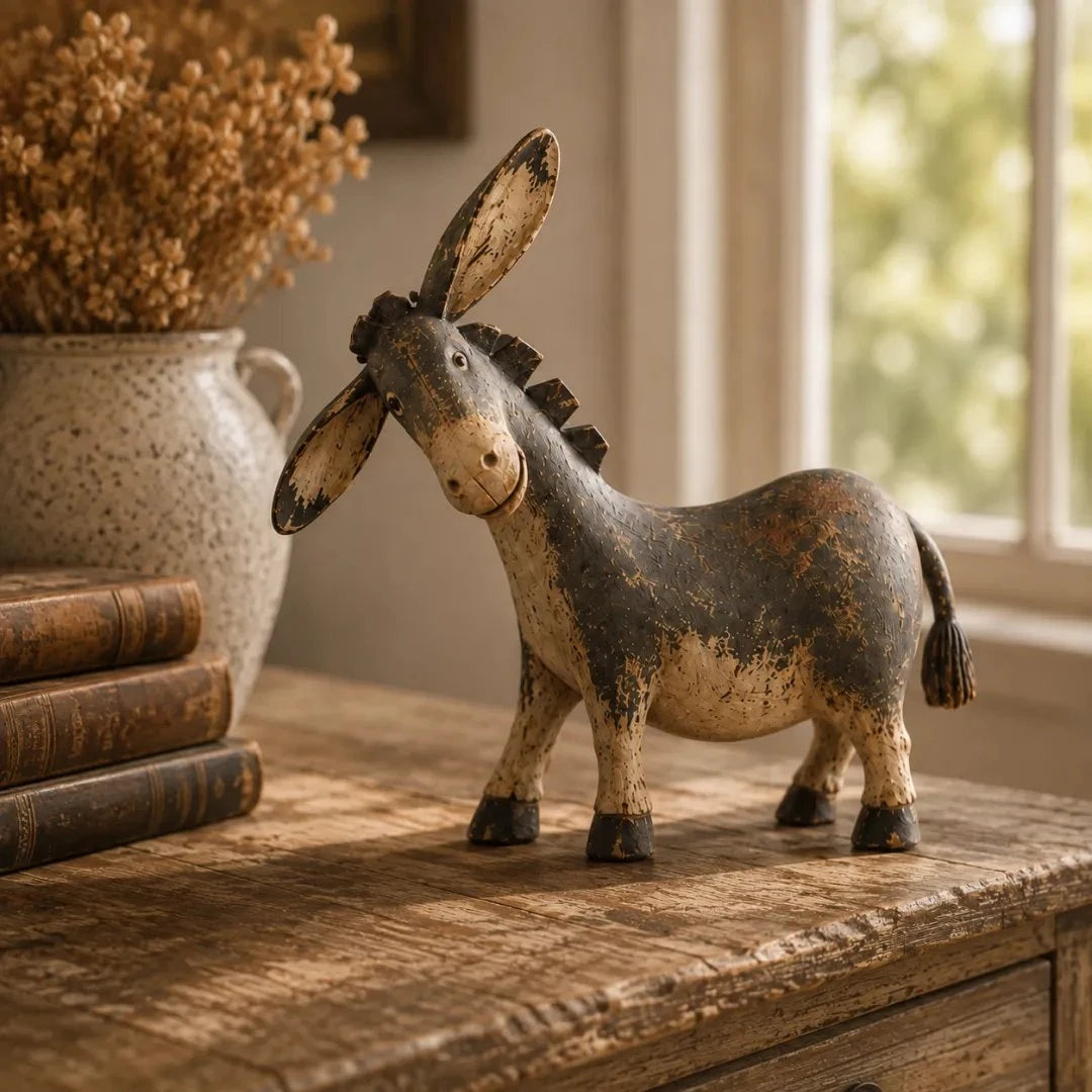 Rustic donkey figurine styled on a farmhouse table