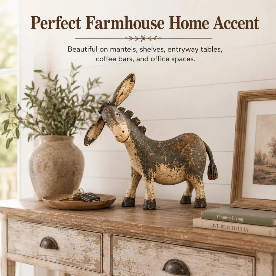 Donkey figurine displayed as a farmhouse home accent