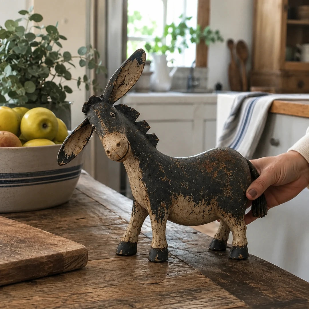 Sample review image with a hand adjusting the donkey figurine