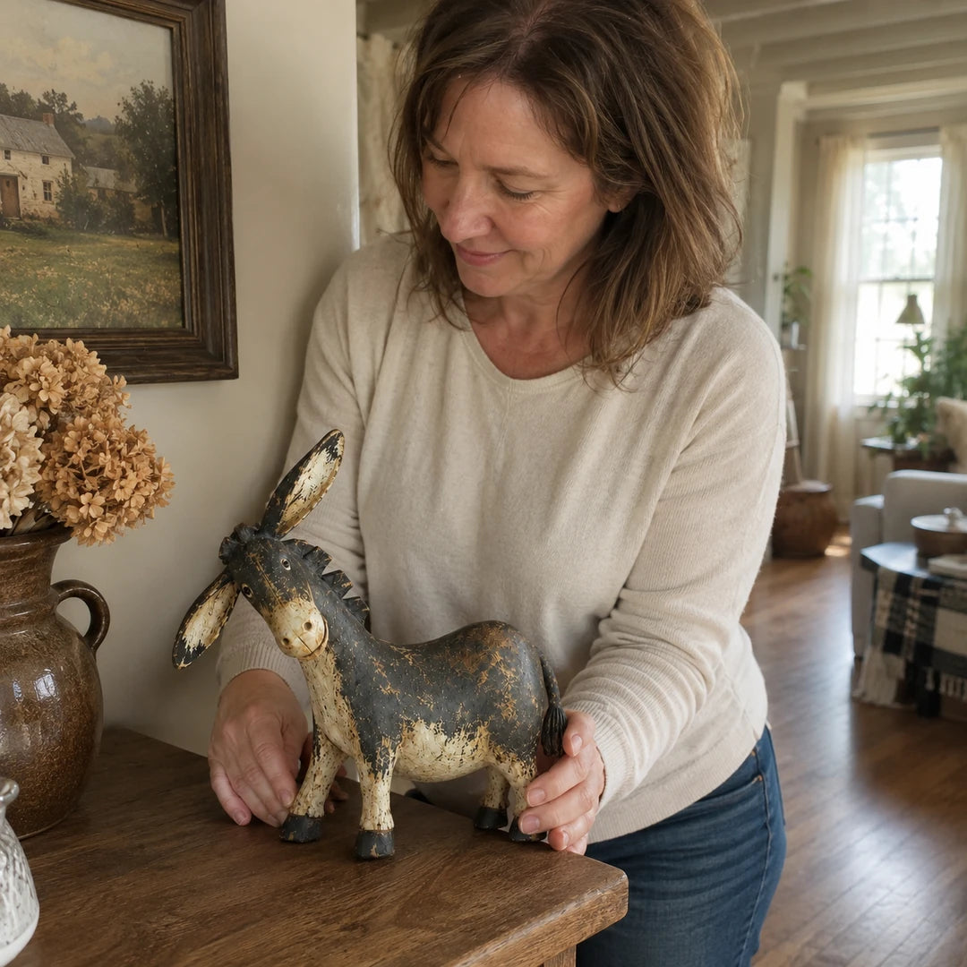 Sample review image showing a woman styling the donkey figurine
