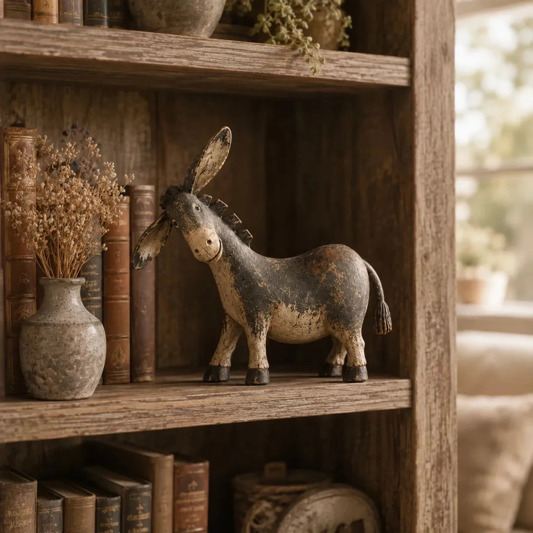 Sample review image of donkey figurine displayed on a wooden shelf
