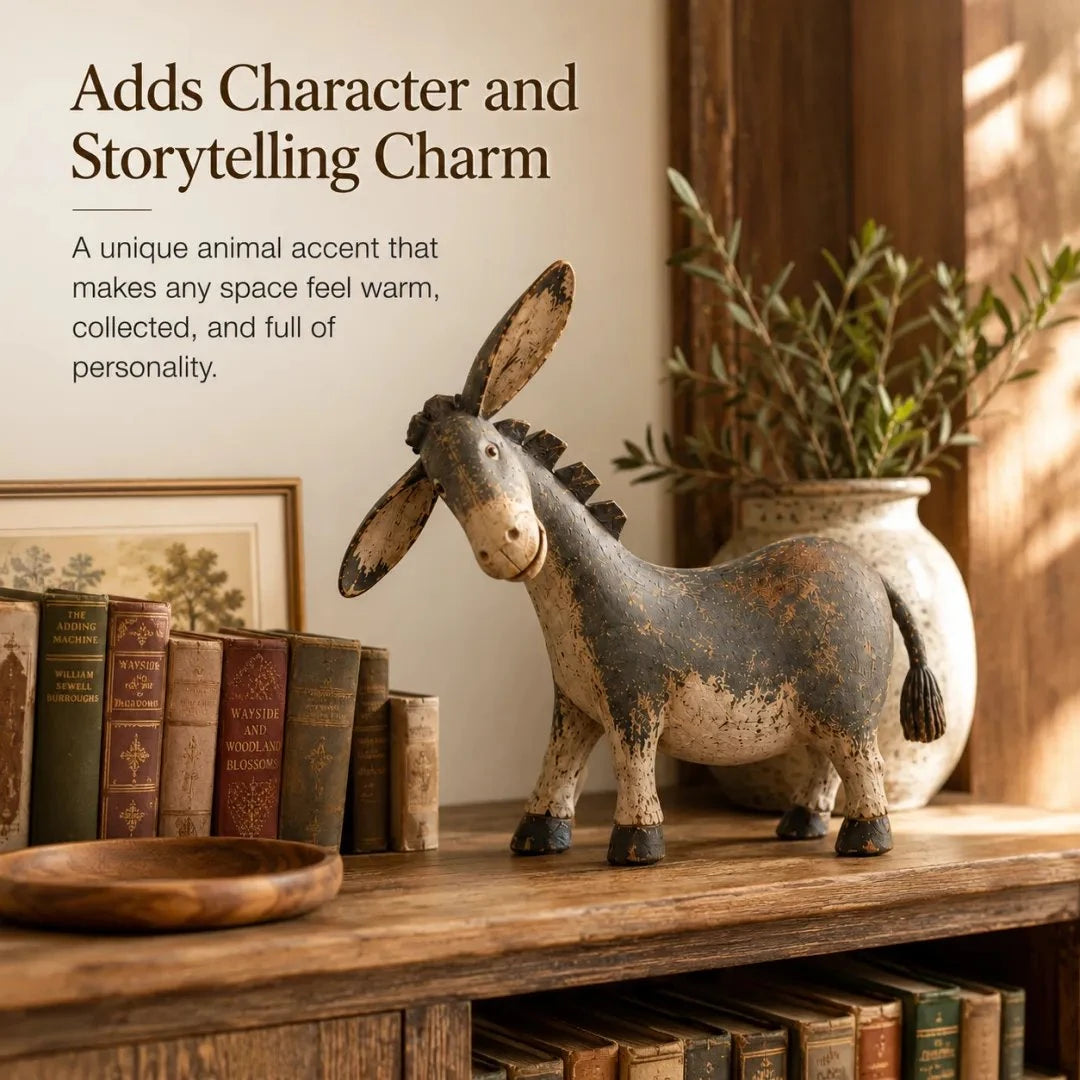 Rustic donkey figurine with storytelling charm on a shelf