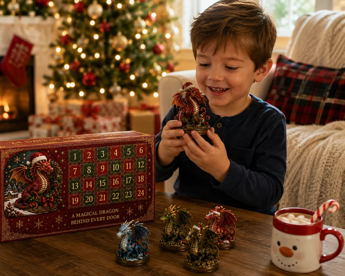Child discovering a dragon from the Advent calendar