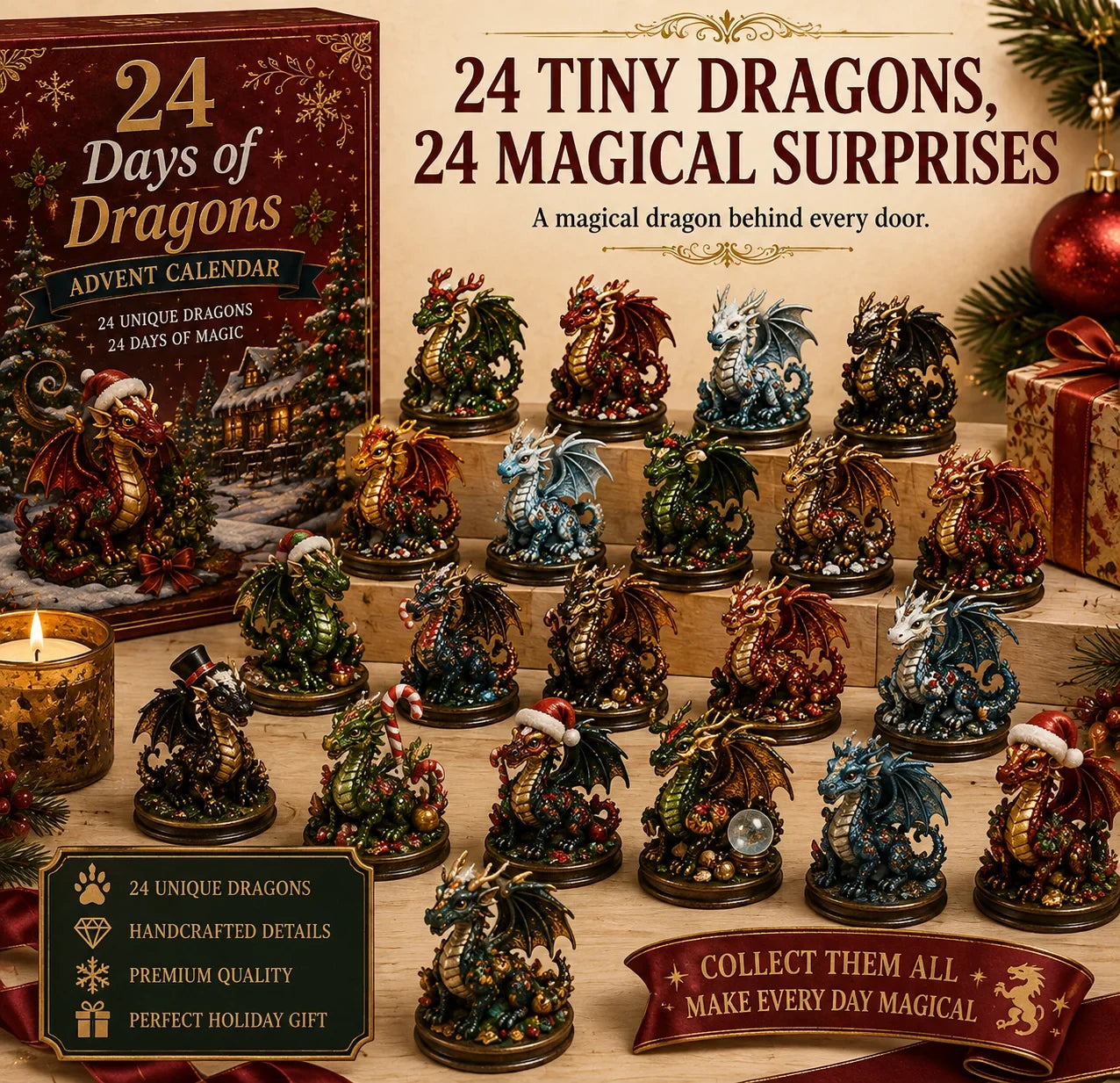 Collection of 24 different Christmas dragon figures