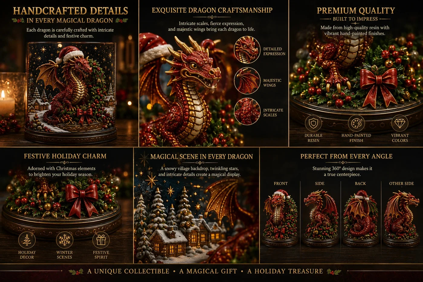 Closeup details of Christmas dragon collectible figures