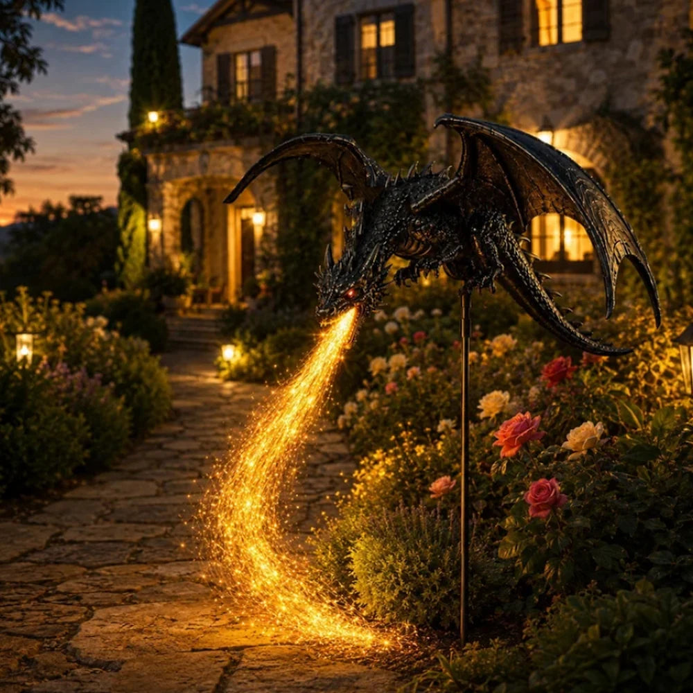 Solar dragon fire light in a landscaped evening garden