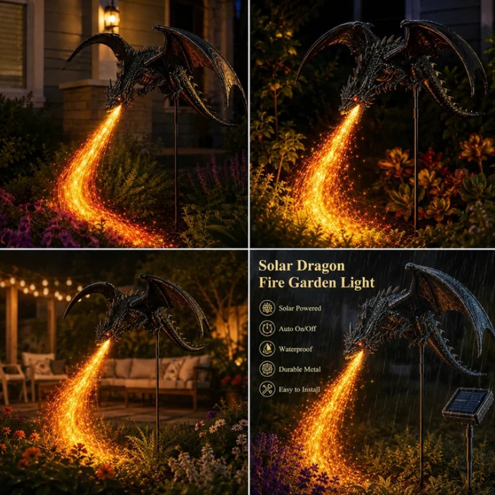 Solar dragon fire garden light shown in several outdoor settings