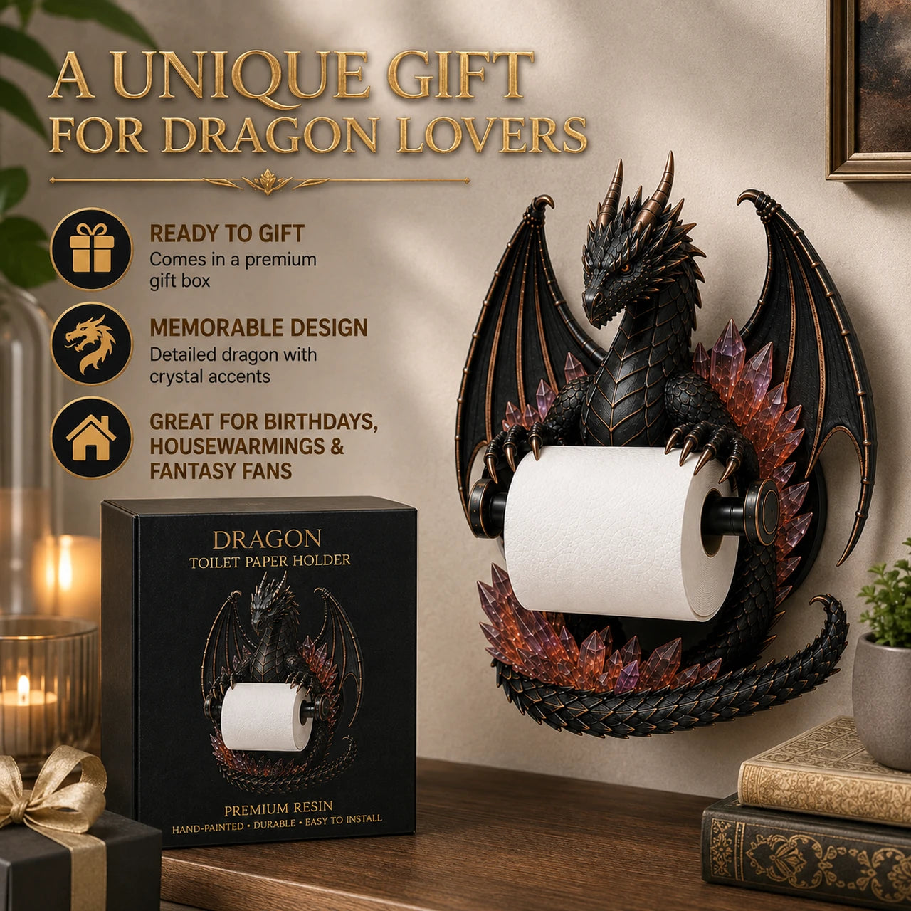 Dragon toilet paper holder gift idea with premium box