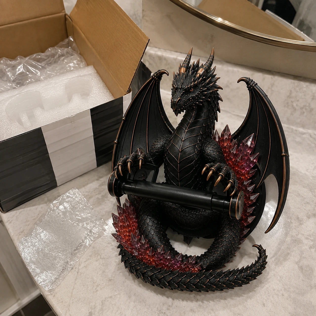 Dragon toilet paper holder in a bathroom