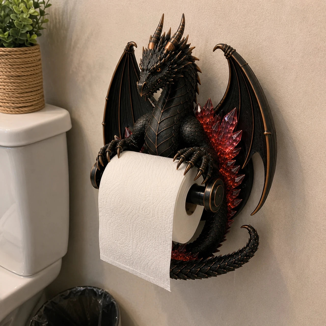 Customer using the dragon toilet paper holder