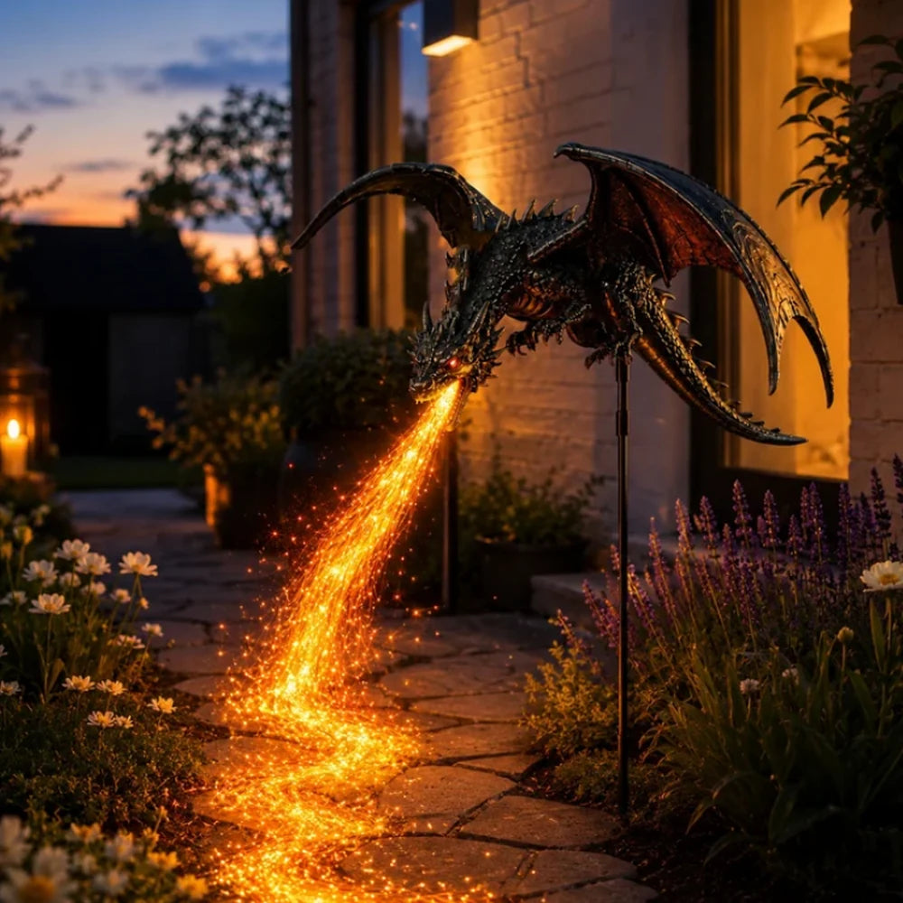 Dragon fire garden light illuminating a pathway at dusk
