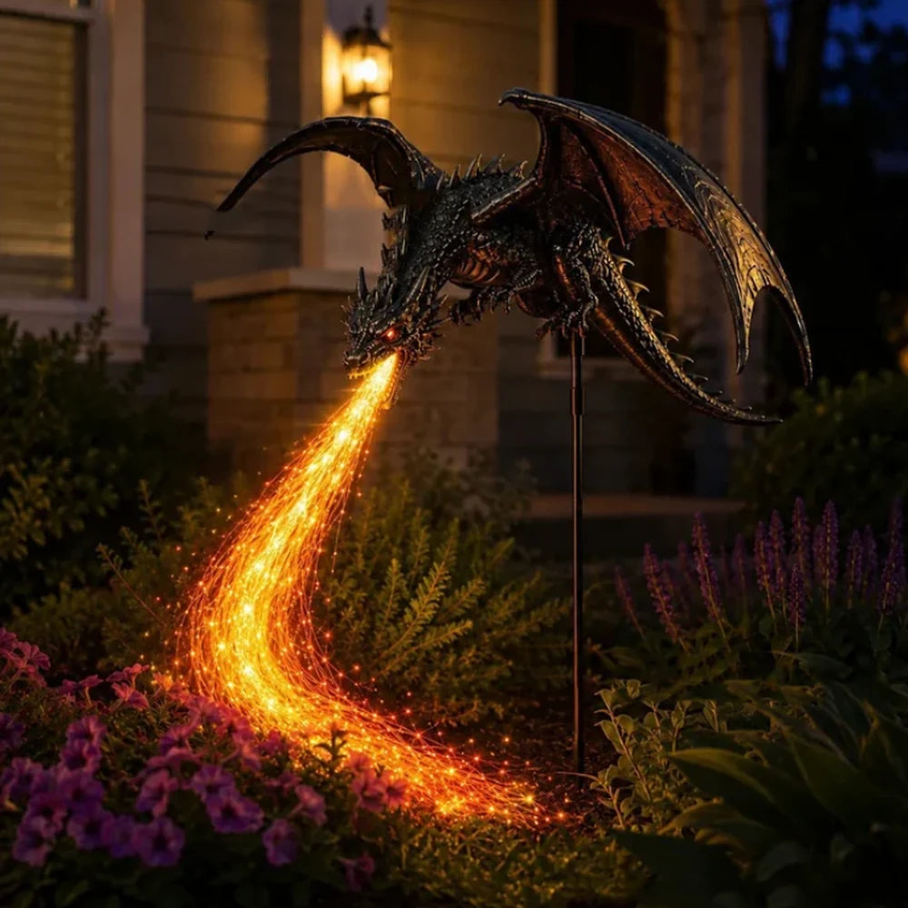 Dragon garden light beside a porch at night