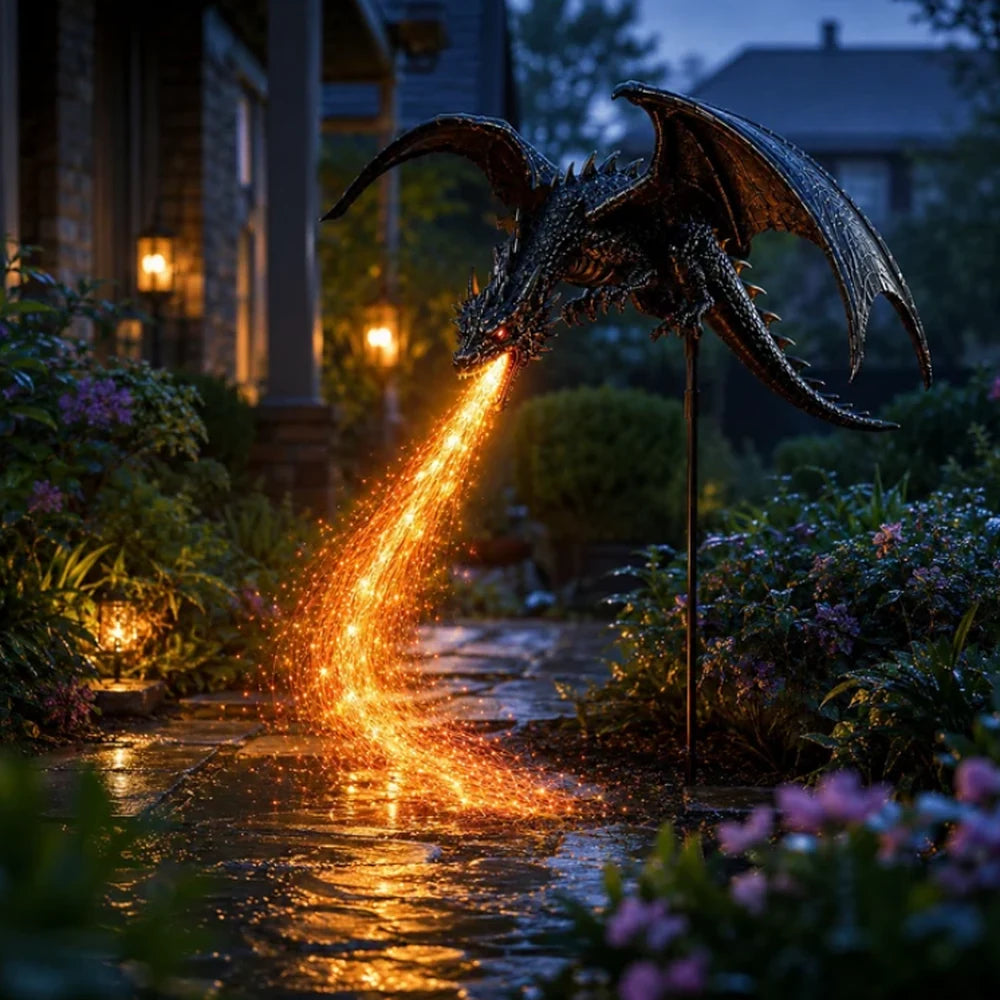 Solar dragon garden light glowing after rain