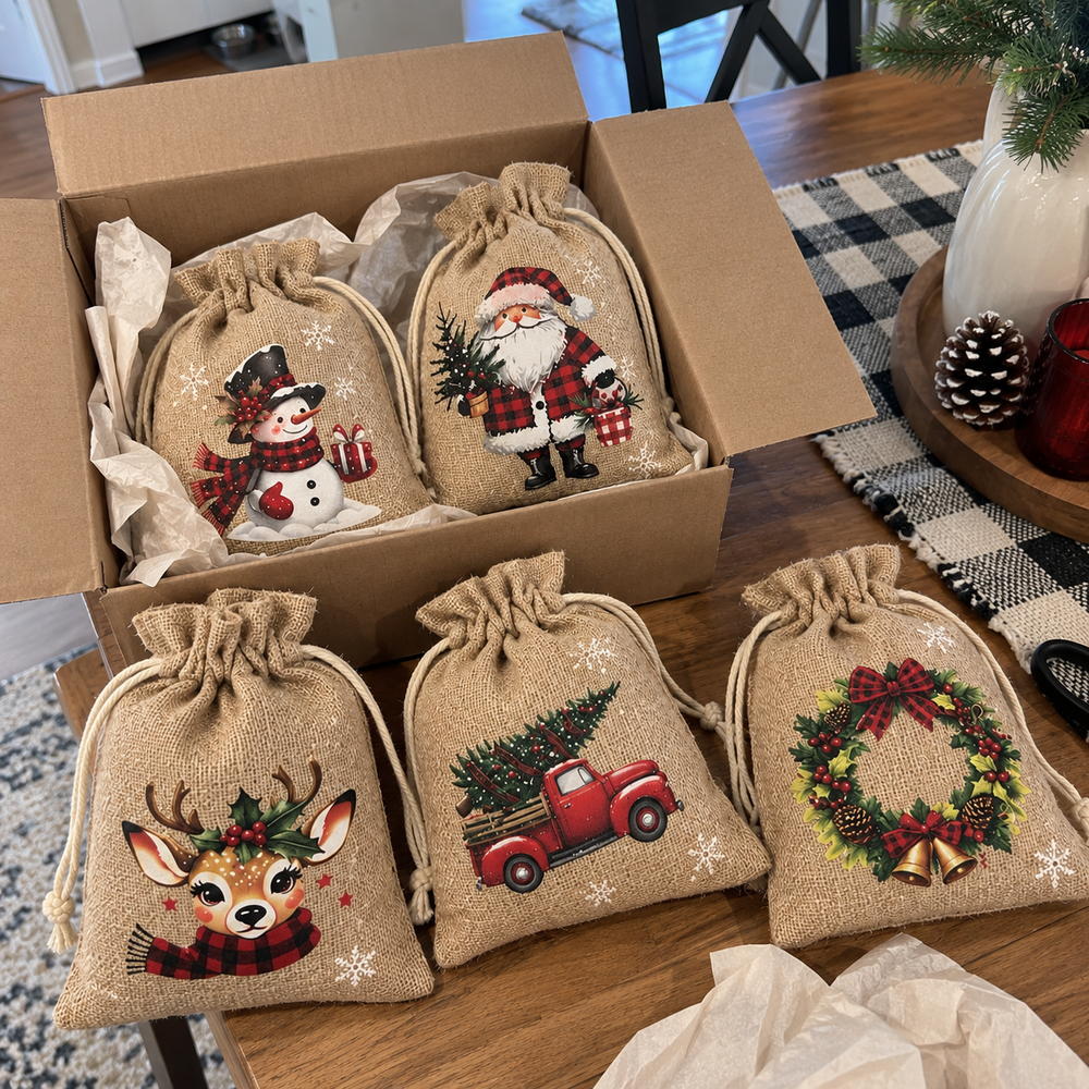 Christmas burlap gift bags arriving in a shipping box