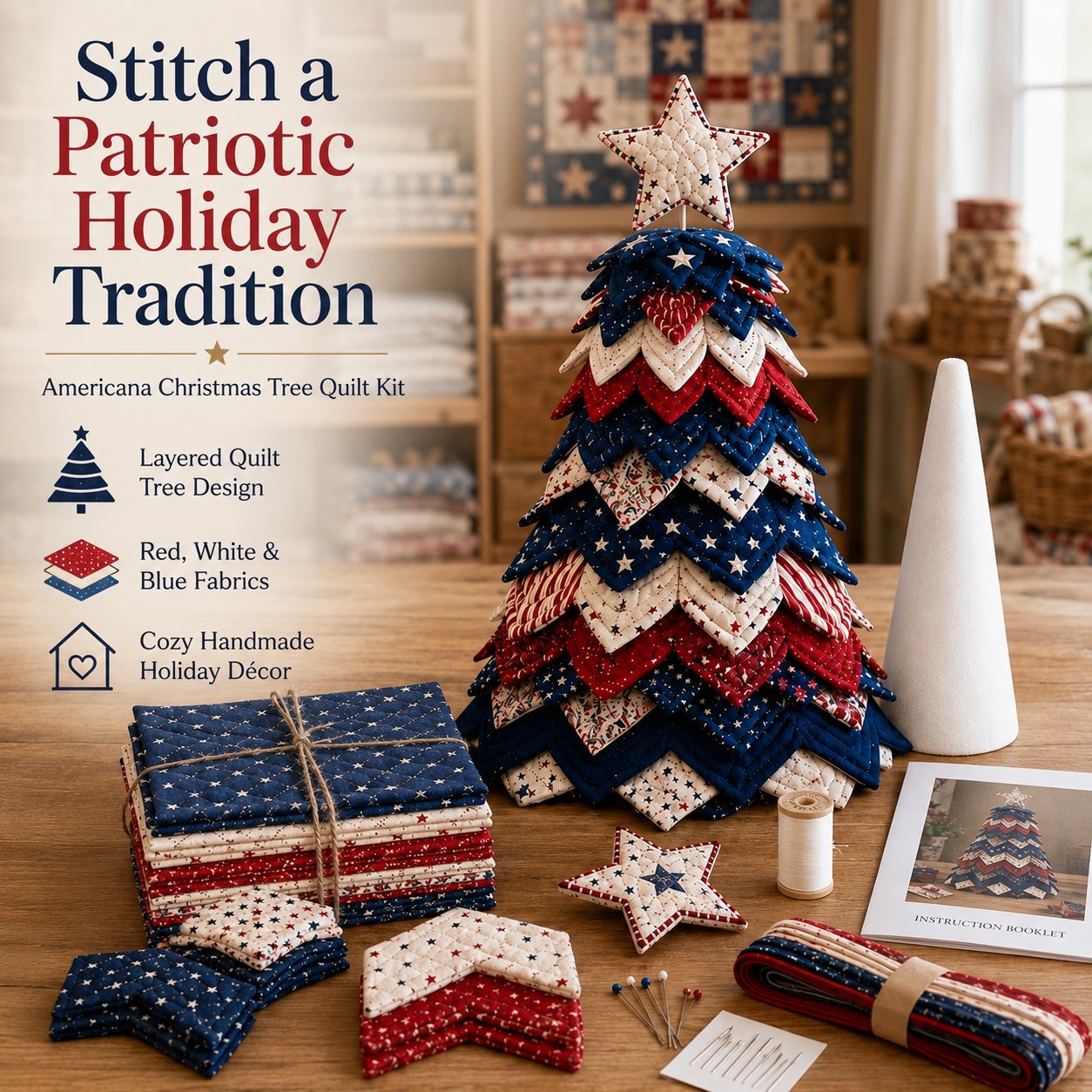 🇺🇸🎄❤️Americana Christmas Tree Quilt Kit | Create a Patriotic Holiday Masterpiece
