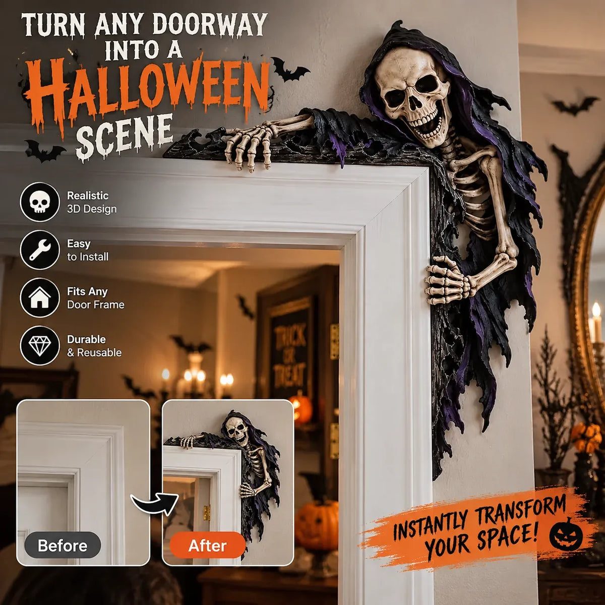 💀🚪 Creeping Reaper Corner Accent – Gothic Doorway Peeker for Halloween & Horror Décor