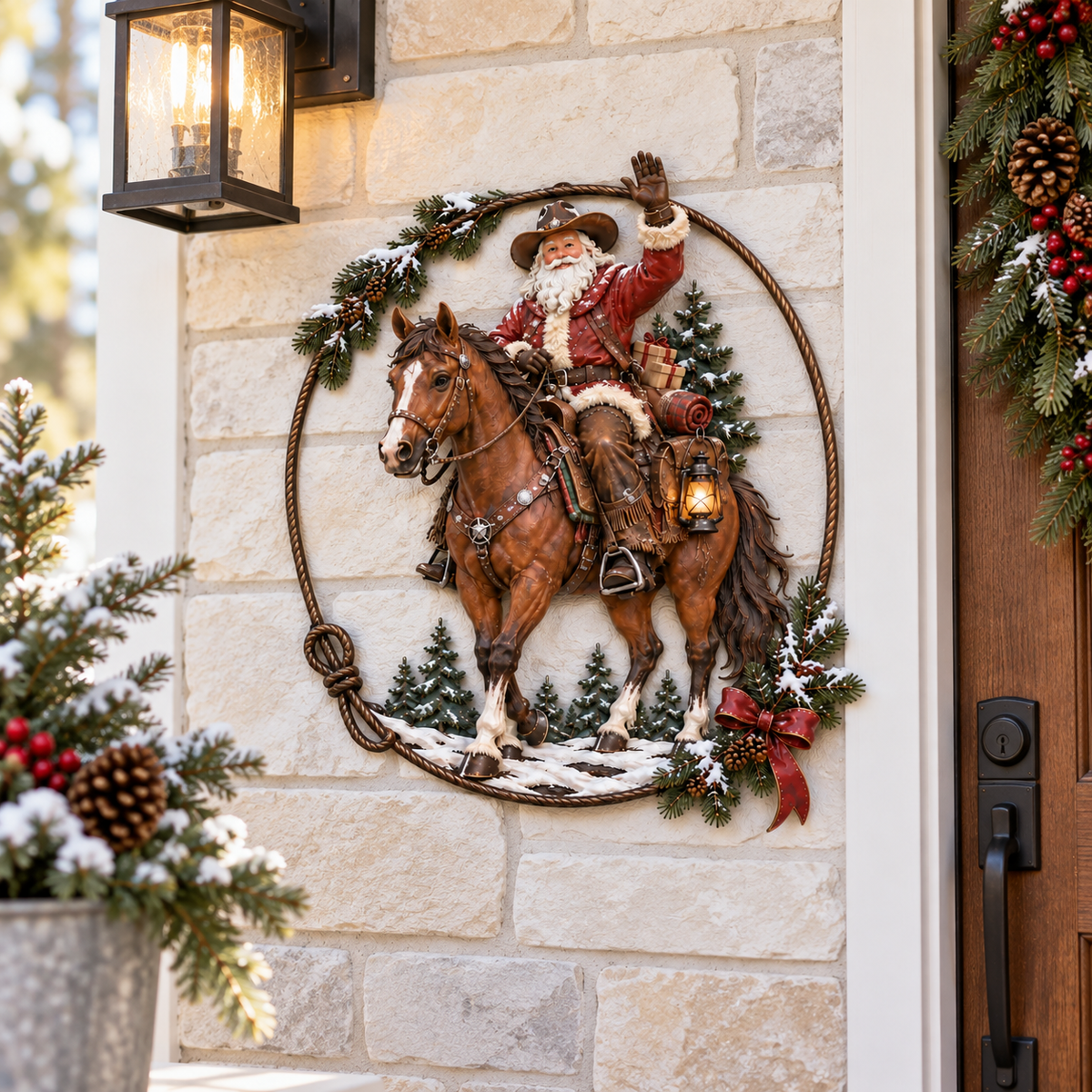 🤠🐎 Cowboy Santa Ranch Christmas Wall Art – Rustic Horse & Lasso Holiday Accent🎁