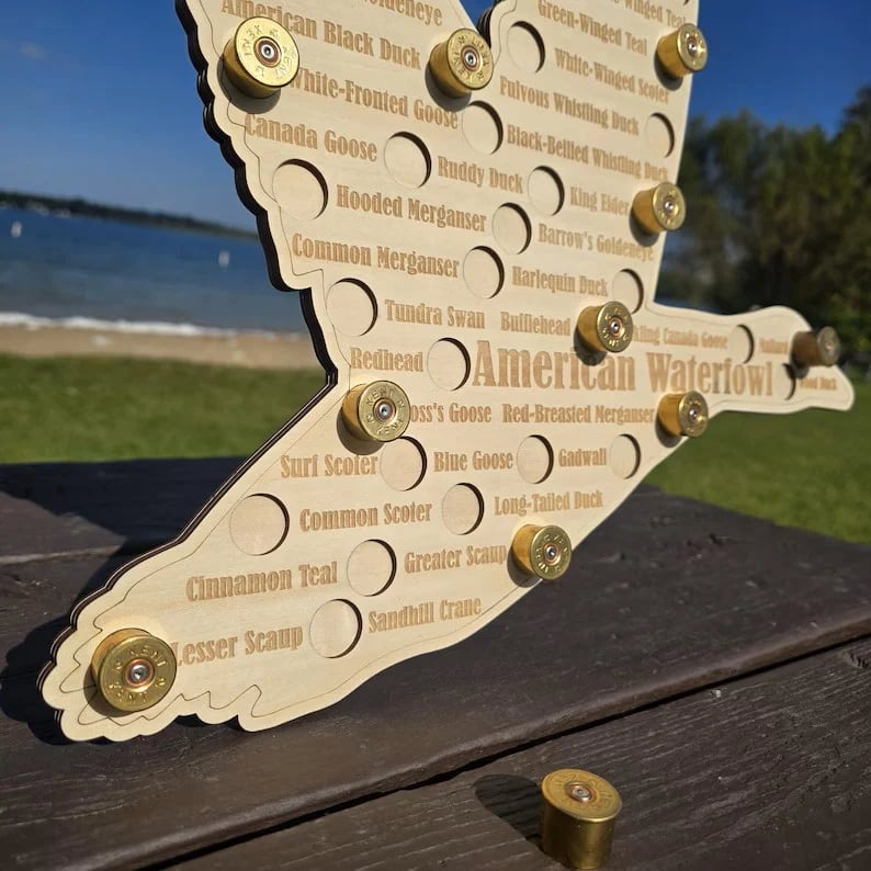 American Waterfowl Challenge Wooden Map 🦆 – Engraved 41 Species Duck Hunting Wall Decor & Harvest Tracker