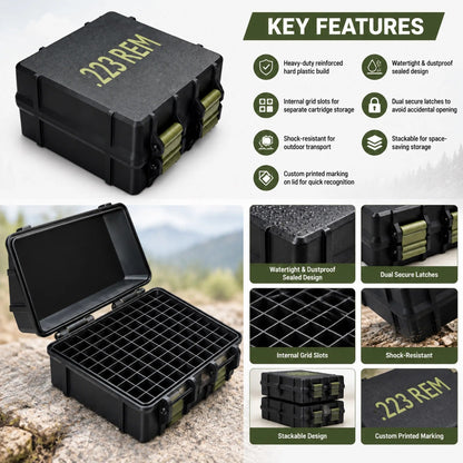 100 Round Ammo Storage Box | Waterproof Hard Shell Ammunition Organizer Case