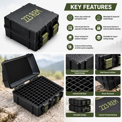 100 Round Ammo Storage Box | Waterproof Hard Shell Ammunition Organizer Case