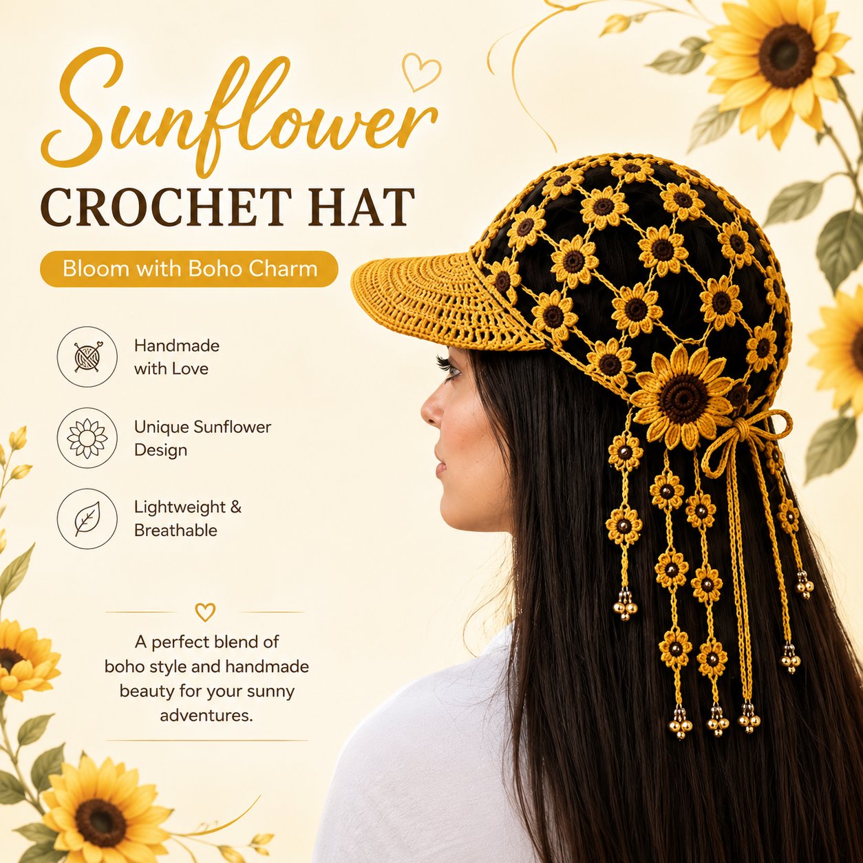 🔥Last Day 49% OFF - 🌻Women’s Handmade Crochet Sunflower Baseball Cap – Hollow-Out Boho Summer Sun Hat with Decorative Tassels