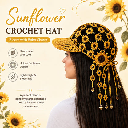 🔥Last Day 49% OFF - 🌻Women’s Handmade Crochet Sunflower Baseball Cap – Hollow-Out Boho Summer Sun Hat with Decorative Tassels