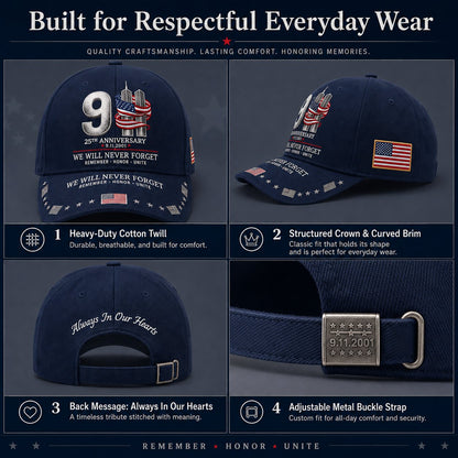 🇺🇸 9/11 25th Anniversary “We Will Never Forget” Memorial Embroidered Cap