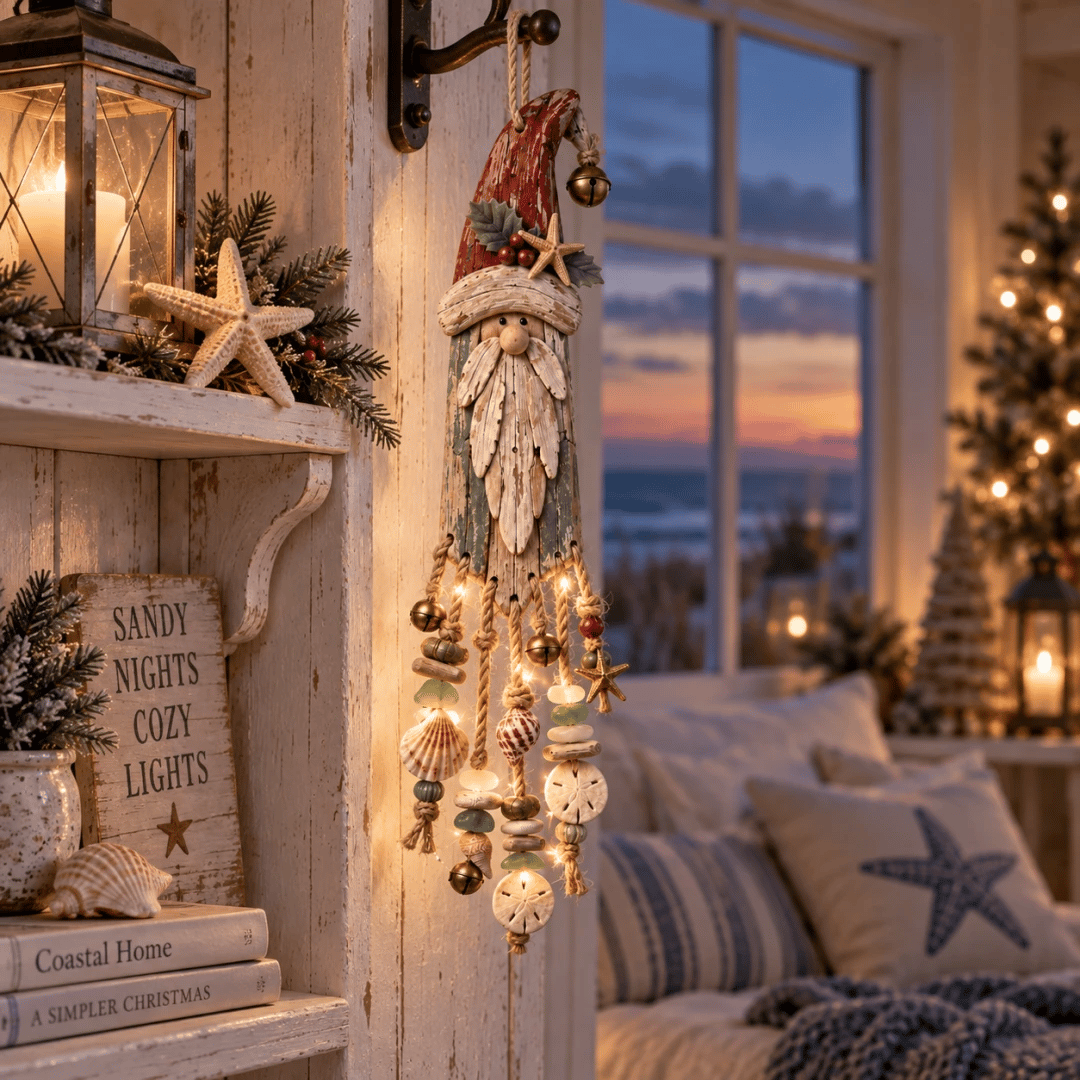 🔔🎄Vintage Coastal Santa Lighted Wall Decor – Beach House Christmas Hanging with Starfish, Shells & Warm Glow🌙