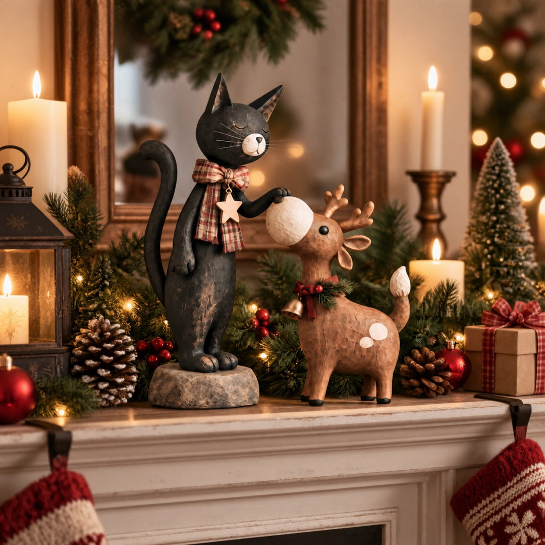 Cat and reindeer displayed on a mantel with Christmas greenery